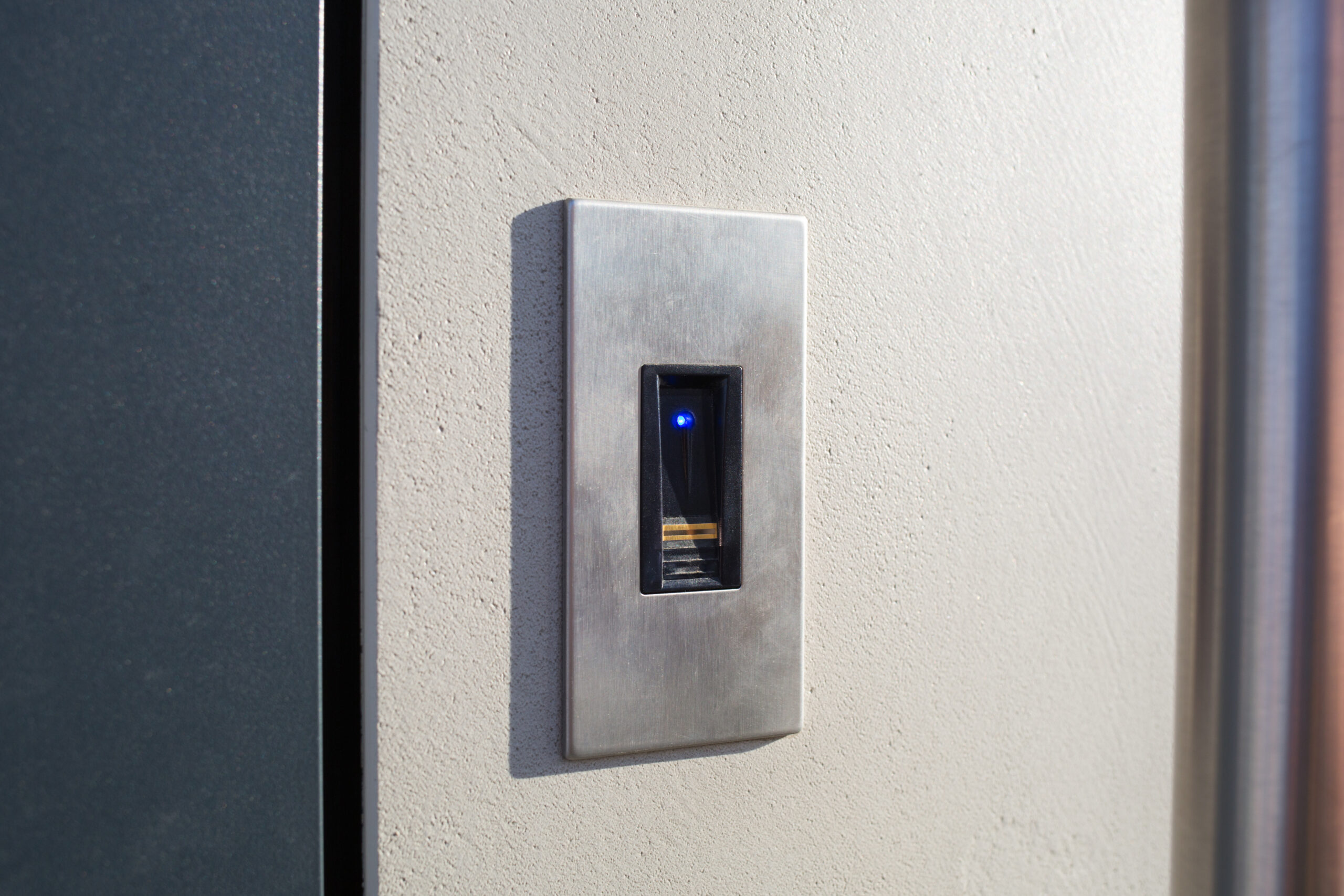 biometric lock. opening front door of house by fingerprint. modern smart digital technologies